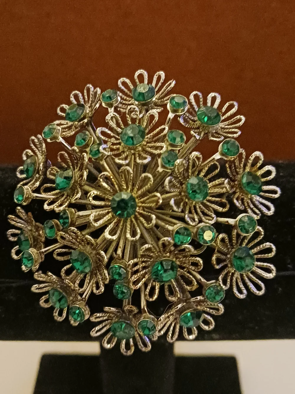 Gold-Tone Floral Cluster Brooch with Emerald Green Stones